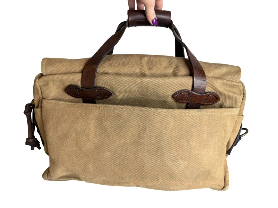 Maletín de cuero tostado con cremallera de sarga resistente Filson vintage sin Str Foto 2 de 4