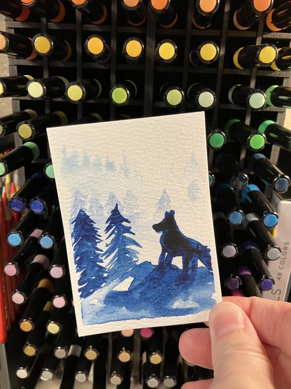 aceo original painting, wolf in forest, watercolor, 2.5 x 3.5, keris creations