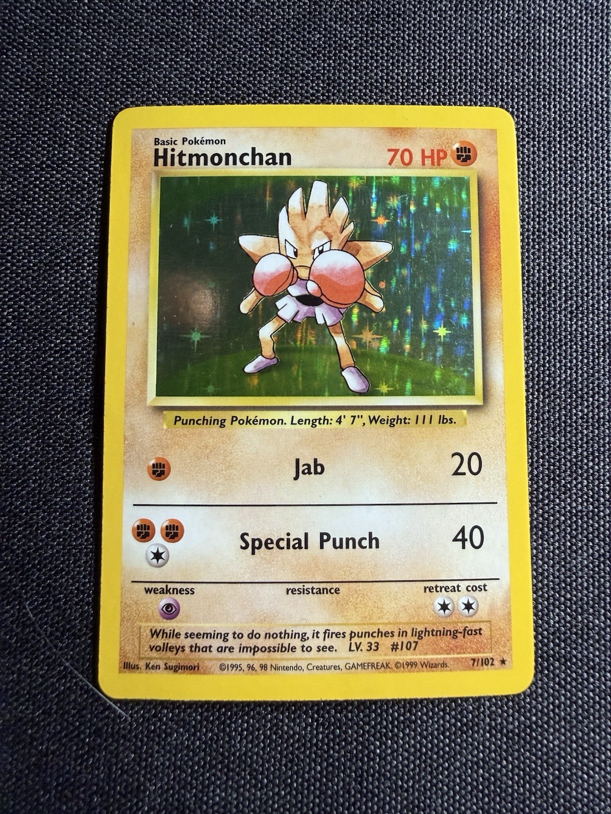 Pokemon Hitmonchan Base Set Holo Rare 70 HP English 7/102 1999