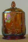 Vtg Carnival Glass Canister Indiana Iridescent Gold Marigold Harvest Grapes 7”