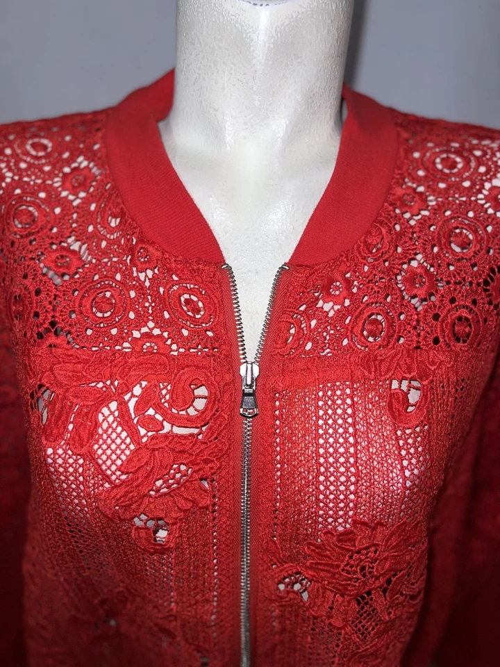 Chaqueta Bomber CHICO'S Talla XXL (4) Rojo Fugitivo LS Cremallera Poliéster Encaje $129 Vaca Foto 2 de 4