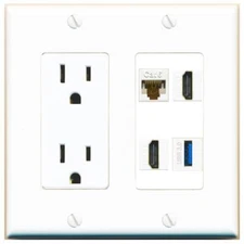 CAT6 2 HD USB-3 Port Wall Plate w/Power Outlet White