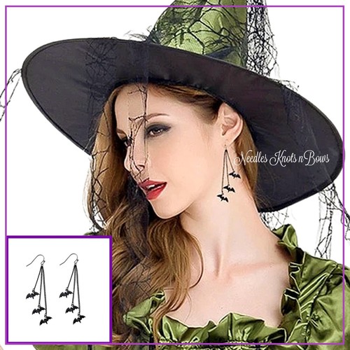 Black Bat Dangle Hook Earrings, Punk Goth Bat Halloween Fashion Earrings - Picture 2 of 7