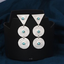 Hammered Geometric Shape Sterling Silver Dangle Earrings With Arizona Turquoise