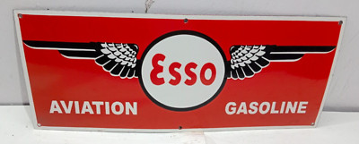 Esso Aviation Gasoline Porcelain Enamel Sign  24 x 10 Inches 1 Side