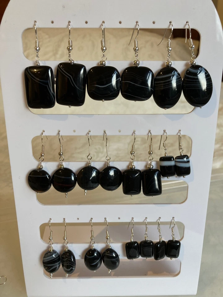 Black Stone or Shell Bead Dangle Earrings on Silver Plated Hooks - Image 3 of 4