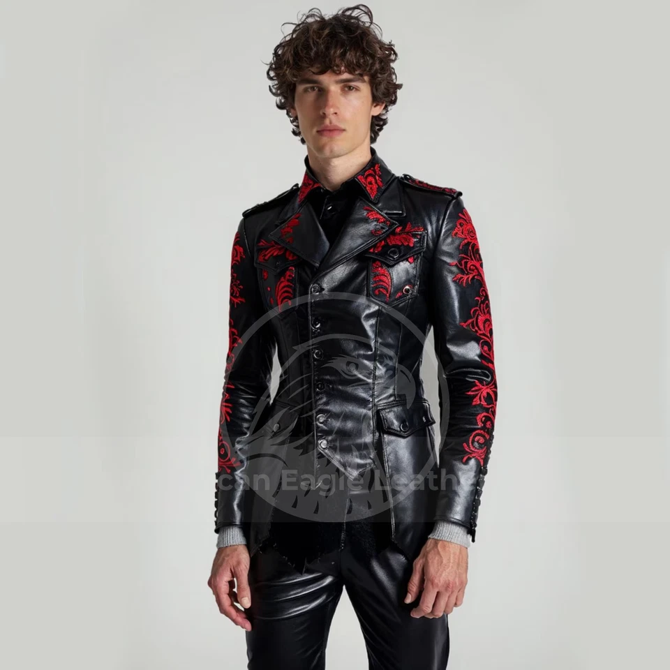 Chaqueta de Cuero Dragón Gótico Negro Rojo Bordado Steampunk Militar Punk Rock Foto 4 de 4