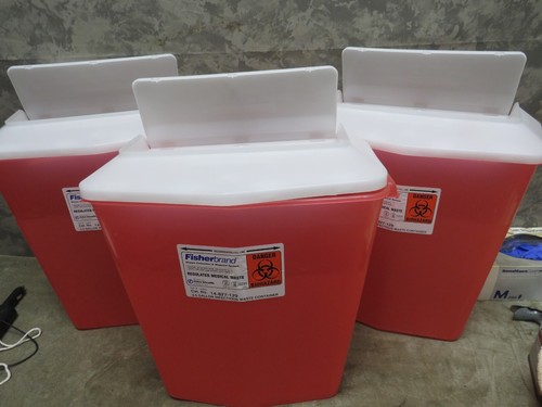 Qty 3 Fisher Brand Sharps Collector with Lids 3.5 Gal Medical Biohazard Waste
