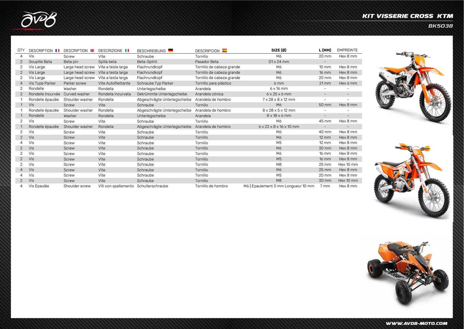 Vis de rechange KTM EXC 125 2005-2007 robustes pour carénage et moteur - 3