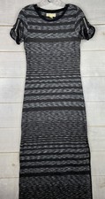 Michael Kors Maxi Dress Womens XS Black Gray Striped Zipped Short Sleeve Slits