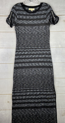 Michael Kors Maxi Dress Womens XS Black Gray Striped Zipped Short Sleeve  Slits