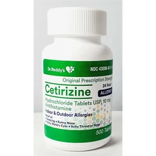 Dr Reddys Cetirizine Hydrochloride Antihistamine 10mg Tablets 500ct -Exp 08-2027