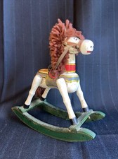 VINTAGE Hand Painted White Wooden Rocking Horse w/brown Yarn Hair 7x7 Inch
