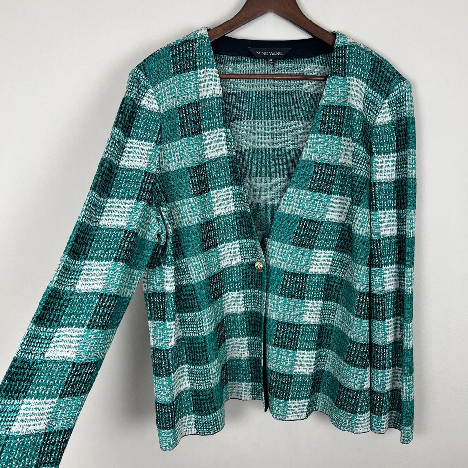 Cárdigan Chaqueta Mujer Ming Wang XL Verde Negro Tejido 1 Botón Manga Larga Preppy Foto 4 de 4
