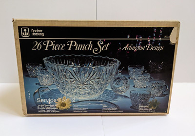 NEW Vintage Anchor Hocking 26 Piece Arlington Punch Bowl Set #300/271 ...
