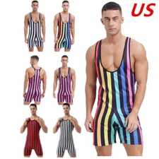 US Men's Athletic Supporters Sport Bodysuit Striped Wrestling Singlets Jumpsuits