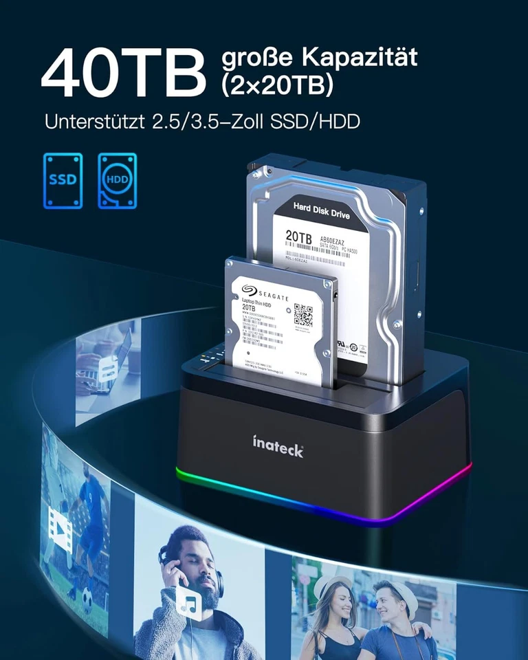 Inateck USB 3.0 USB-C Festplatten Dockingstation 2,5/3,5 Zoll SATA HDD SSD RGB - Bild 3 von 4