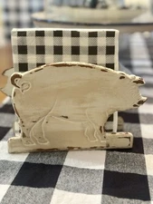 VTG Handpainted Distressed Farmhouse DoubleSided Carved Pig Napkin/Letter Holder