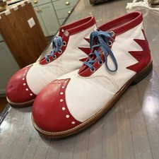 Vtg professional custom leather hand made Clown Shoes, M 9.5, W 10.5 red white