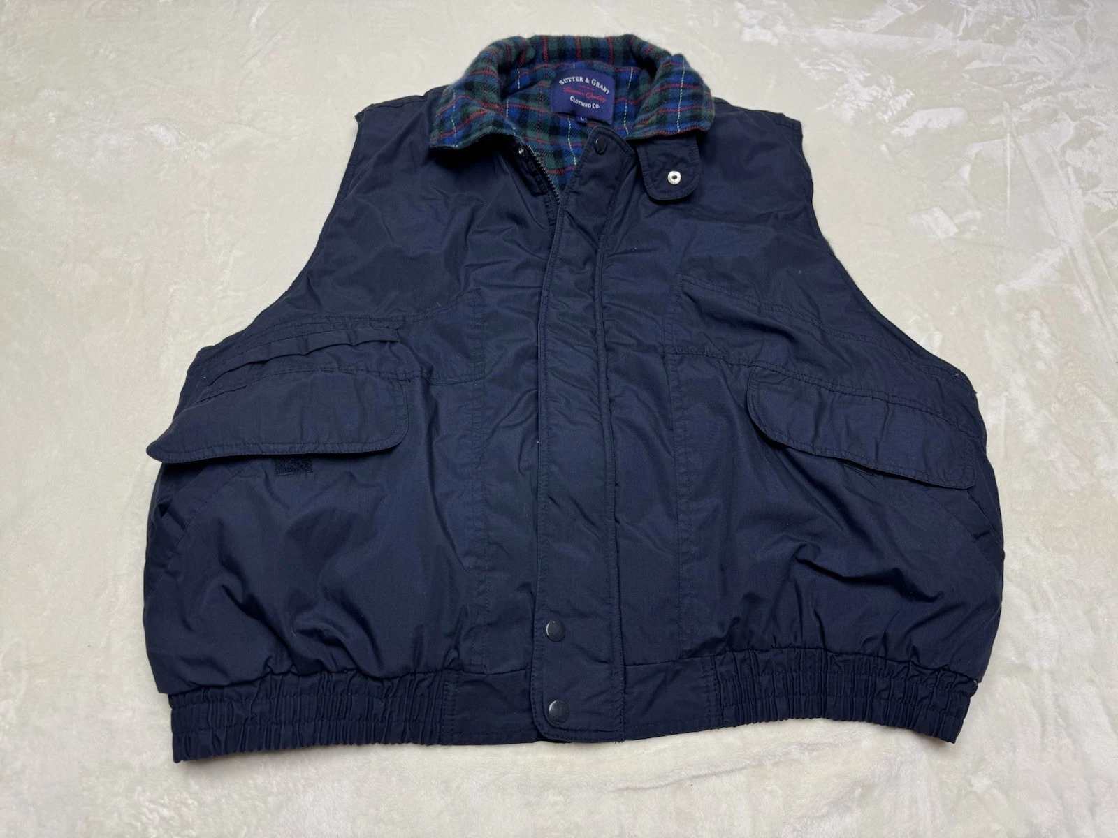Sutter & Grant Vest Mens Large Blue Puffer Coat Snap Plaid Lined Insulated