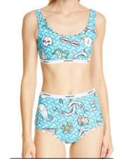 Burberry Tarnie Shark Print Monogram Two-piece Bikini Swimsuit In Ink Blue M NWT