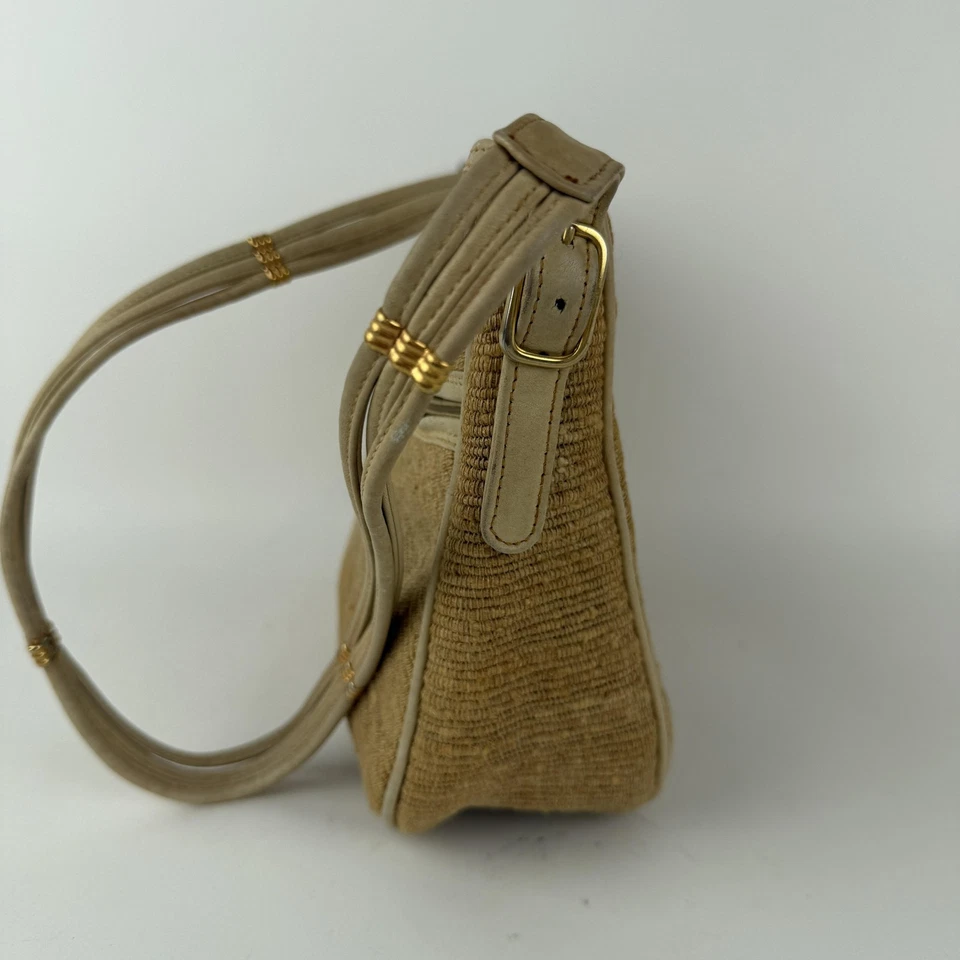 Bolsa tiracolo feminina vintage Morris Moskowitz ombro tecido bronzeado anos 80 - Imagem 3 de 4