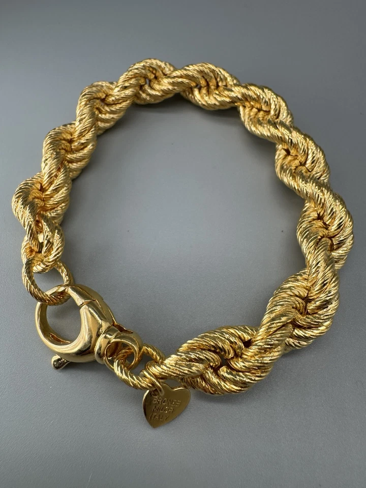 "Brazalete de cadena trenzada de cuerda ancha gruesa chapada en oro Milor Italia bronce 6,75""" Foto 3 de 4