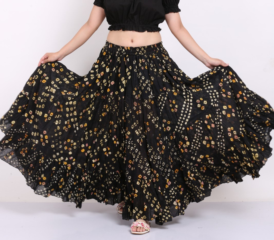 Mujer Tribal Negro Lunares Algodón Largo Maxi Falda Flamenca Gitana Boho Falda
