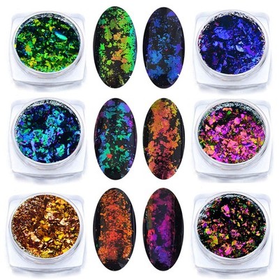 Iridescent Glitter Chameleon Nail Flakes Set 6 Piece Set, Dark