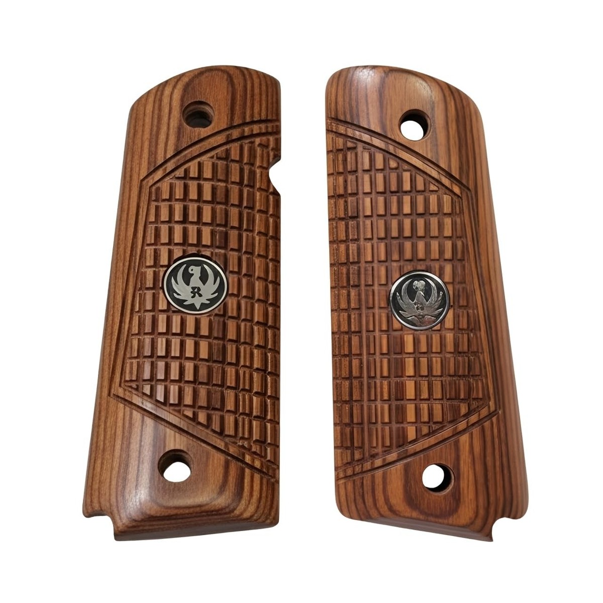 1911 Rosewood “Outback” Checkered Grips and Black Ruger Medallions