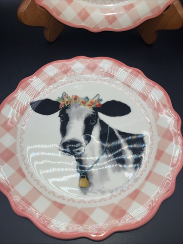 Pioneer Woman Gingham Black And White Cow Appetizer Plates Set Of Two 7 Inches - Picture 3 of 5