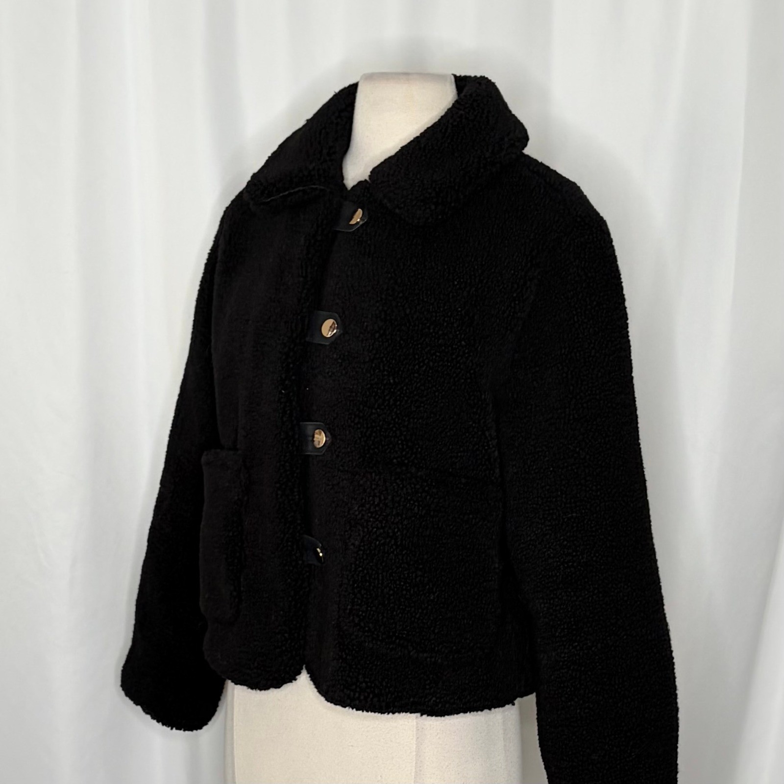 ZARA Black Sherpa Fuzzy Fleece Teddy Coat Faux Shearling Snaps Pockets Small image 7