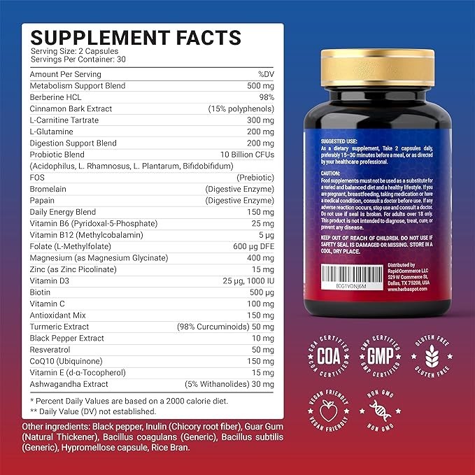silymarin betaine berberine molybdenum glutathione Berberine Metabolic Support Complex Probiotics Resveratrol CoQ10 Energy 60 Caps