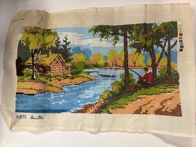 Buccilla #60133 Cabin And Fishing Print Needlepoint Canvas With Wool Yarn