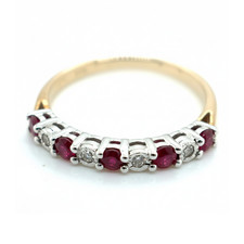 9ct Yellow & White Gold Ruby & Diamond 9 Stone Ring Size N Pre-Owned