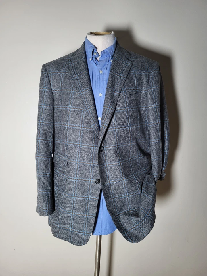 44R Austin Reed Gray Blue Orange Check Flannel Tweed Jacket Blazer Sport Coat - Image 2 of 4