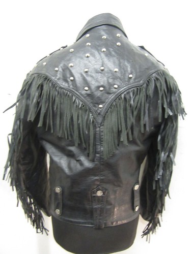 VINTAGE 80'S LA ROCKA LEATHER FRINGED MOTORCYCLE JACKET SIZE UKM, TASSELS, STUDS - Picture 8 of 17