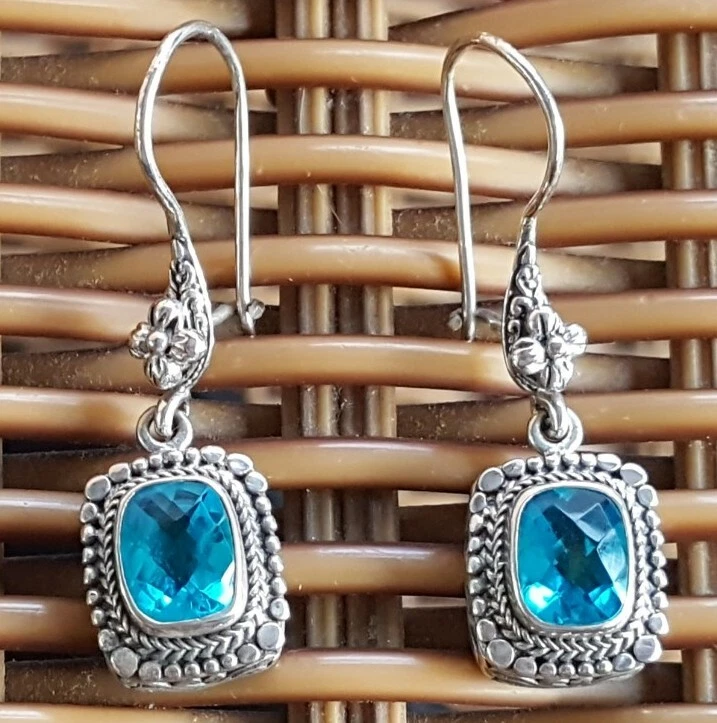 Sarda Sterling Silver Earrings Artisan Collection Bali Dangle Blue Quartz