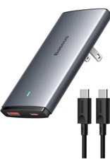 Baseus 65W Flat Wall Charger, 2 Port Ultra-Slim GaN Charger with Foldable Plug