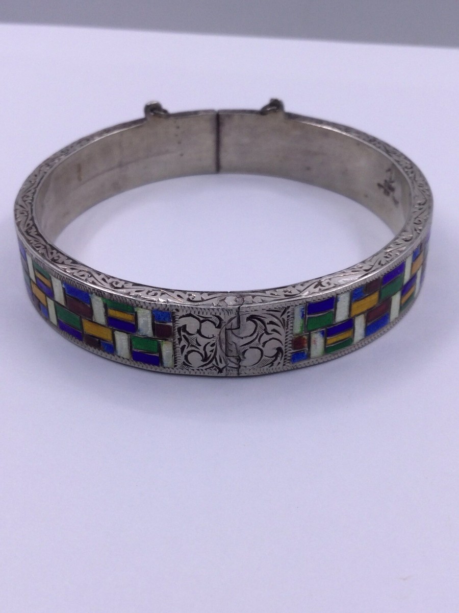 VINTAGE - SIAM - STERLING MULTI COLOR ENAMEL HINGE BRACELET (S474