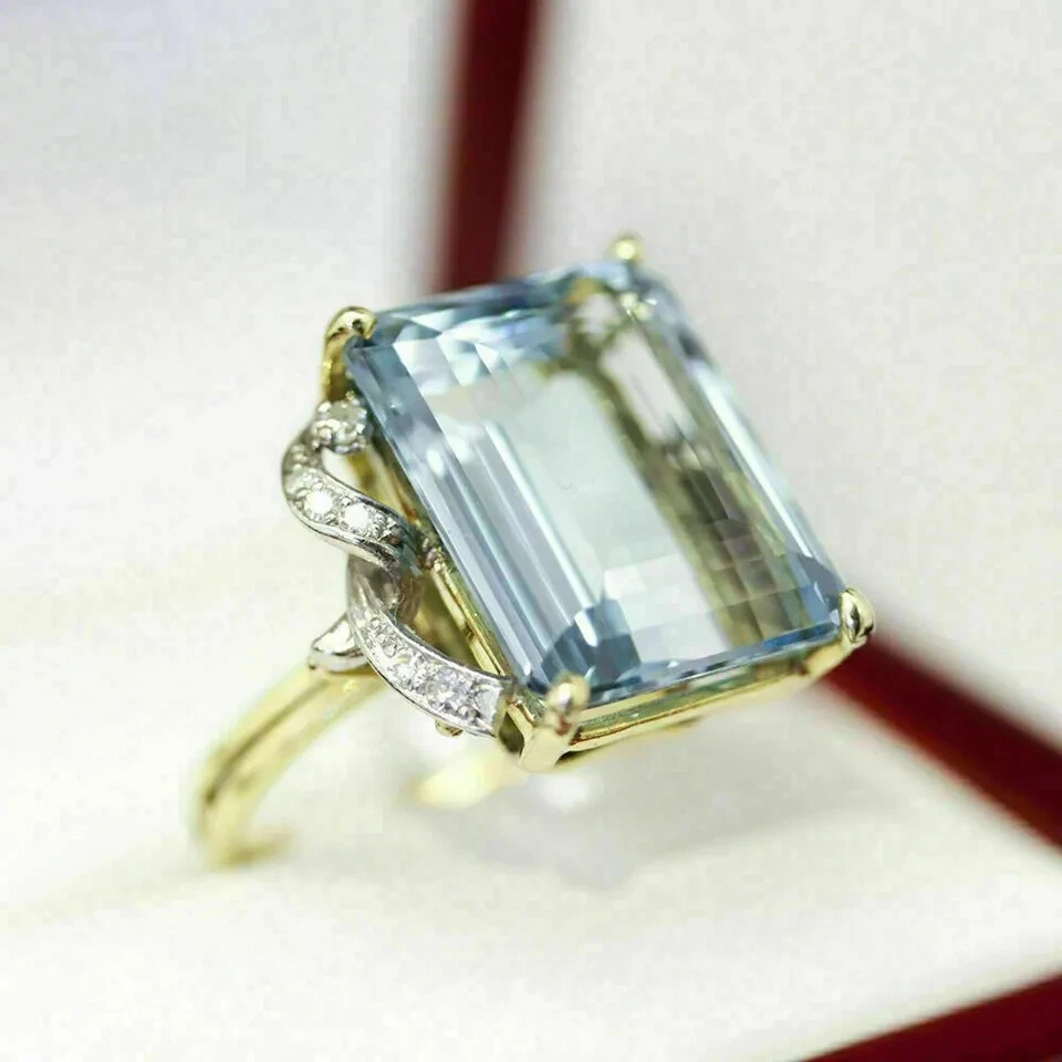 4.50Ct Emerald Cut Aquamarine Engagement Solitaire Ring 14K Yellow Gold Finish - Image 3 of 4