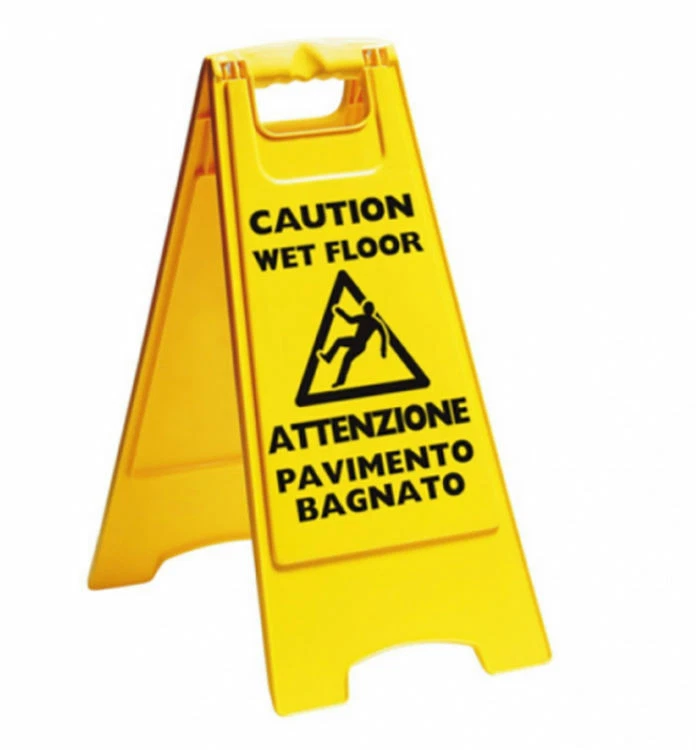 CARTELLO GIALLO PANNELLO ATTENZIONE PAVIMENTO BAGNATO ITALIANO INGLESE (32496)