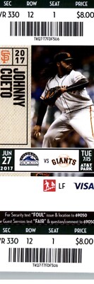 Colorado Rockies vs San Francisco Giants 4/16/2017  Ticket - Johnny Cueto