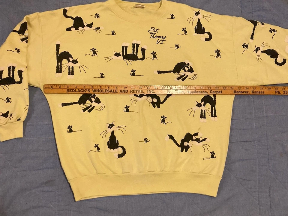 Vintage 80s Cats & Mice Novelty AOP Crew Neck Sweatshirt USA L Grunge Black Cat - Image 3 of 4