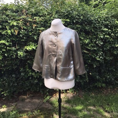 DESIGNER REMIX Women's Silver 3/4 Sleeve Swing Jacket Blazer 100% SILK UK6 EU34