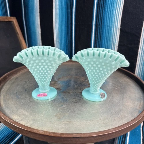 Fenton Pastel Turquoise Milk Glass Hobnail Ruffle Fan Vase Mini 1950 HTF-VTG