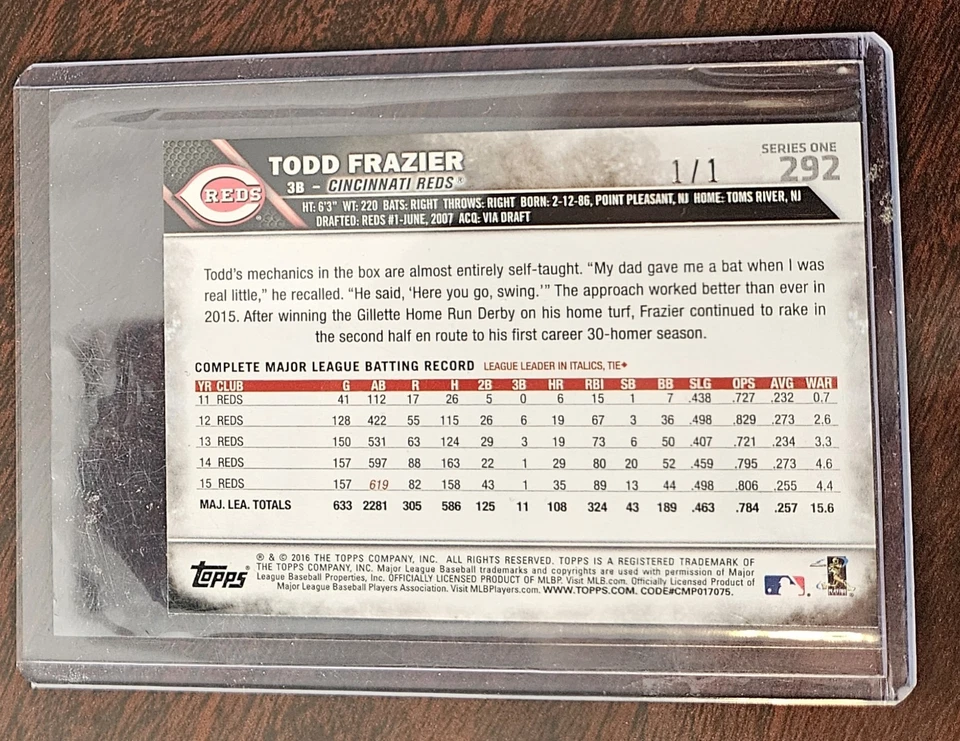 2016 Topps Mini Todd Frazier 1/1 Rainbow (1/1, /5, /10, Base) - Image 4 of 4