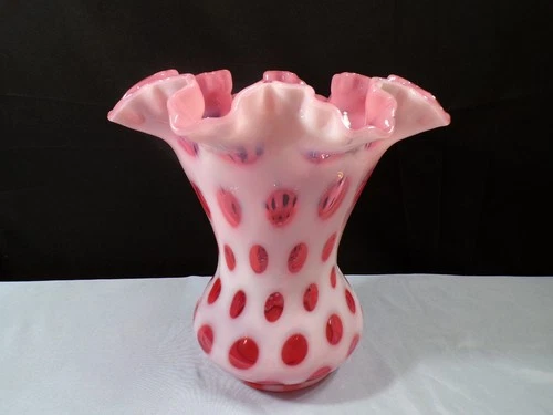 Large Fenton Cranberry Opalescent Glass Coin Dot Double Crimped Vase 8 1/4" INV5