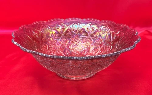 Vintage Imperial Carnival Glass Iridescent Hattie, Sun, Lattice Sawtooth 8" Bowl