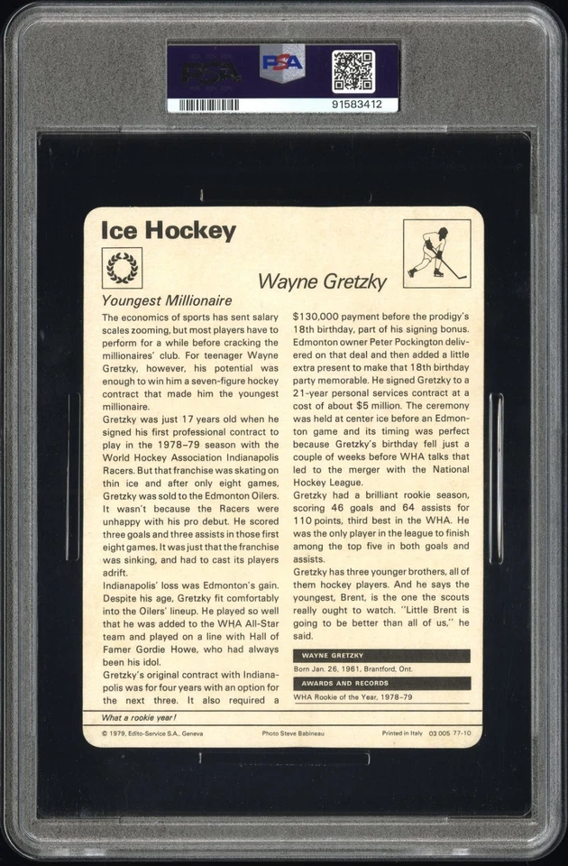 1977-79 SPORTSCASTER ITALY #77-10 WAYNE GRETZKY SIGNED RC OILERS HOF PSA AUTO 10 - Image 2 of 2